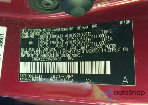 2009 Toyota Sienna Xle из США, поврежденный, VIN 5TDZK22C59S256486